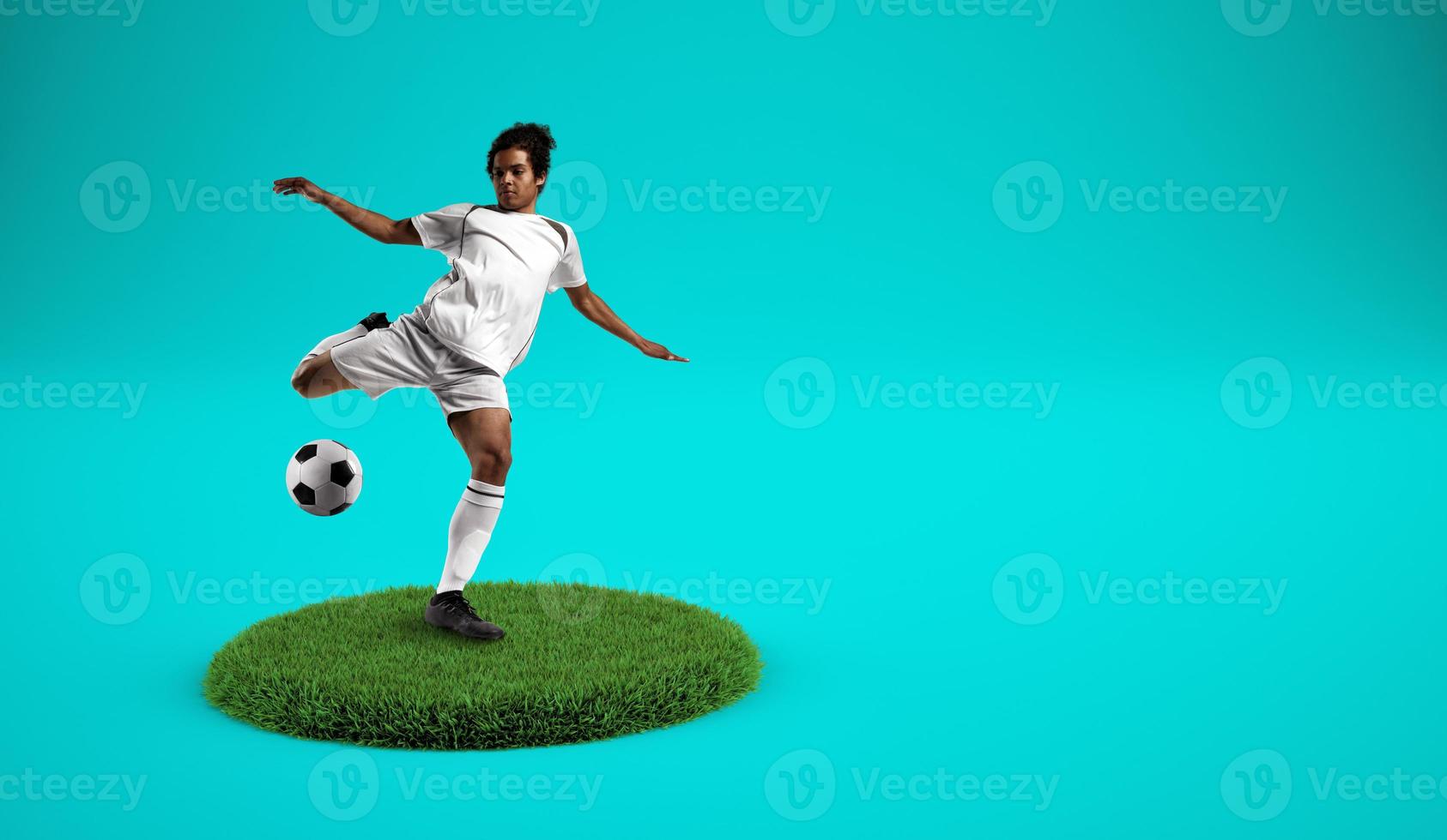 Soccer players kicking the ball on a grassy plate with cyan background photo