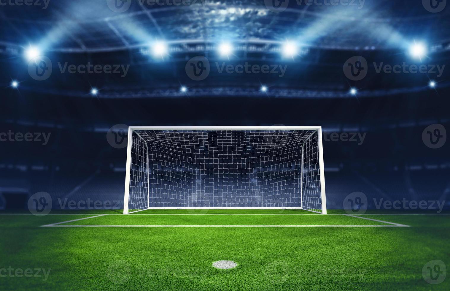 Soccer goalpost under spotlights in the stadium. 3D Rendering photo
