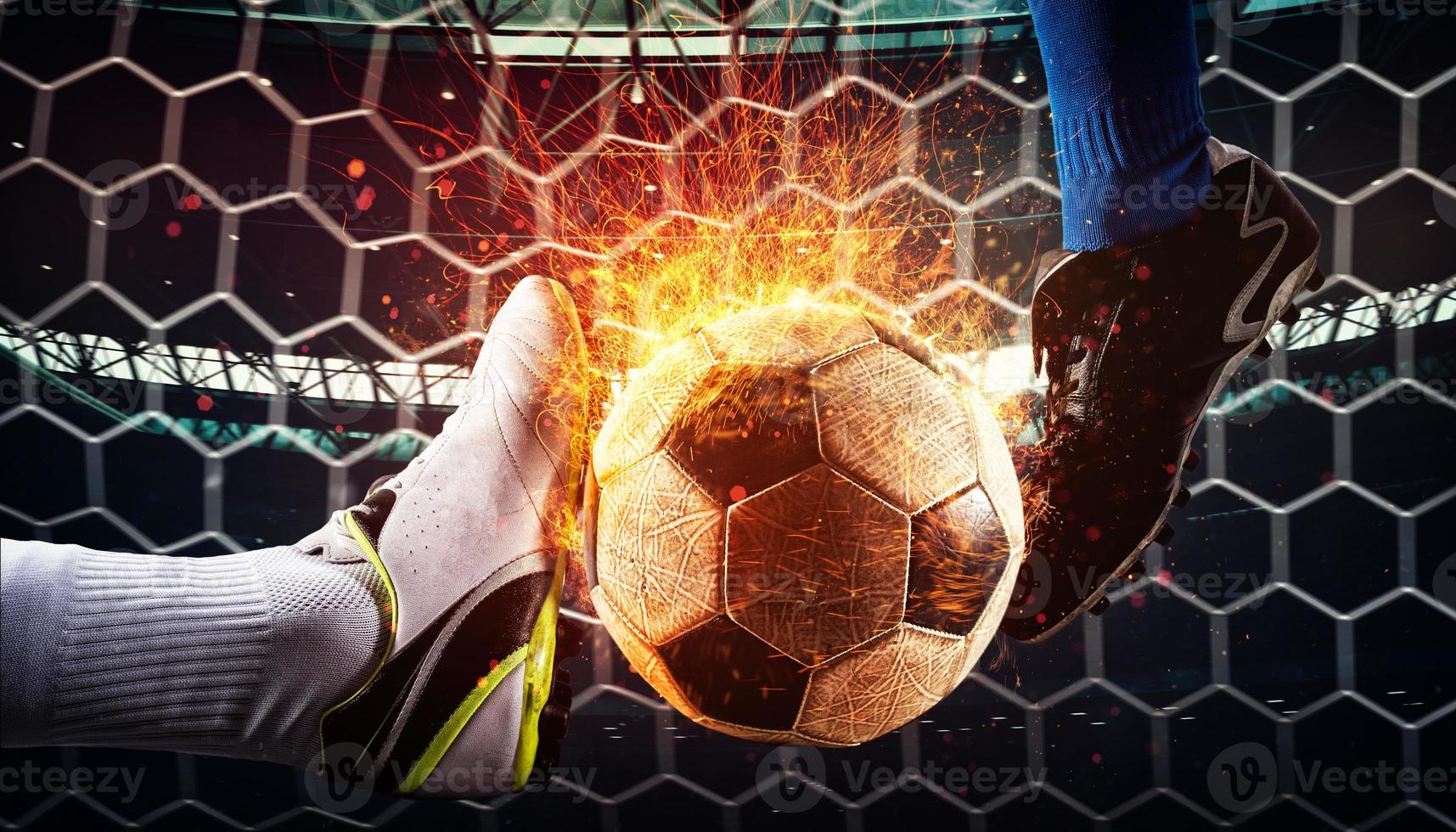 Close up of a football action scene with competing soccer players at the stadium photo