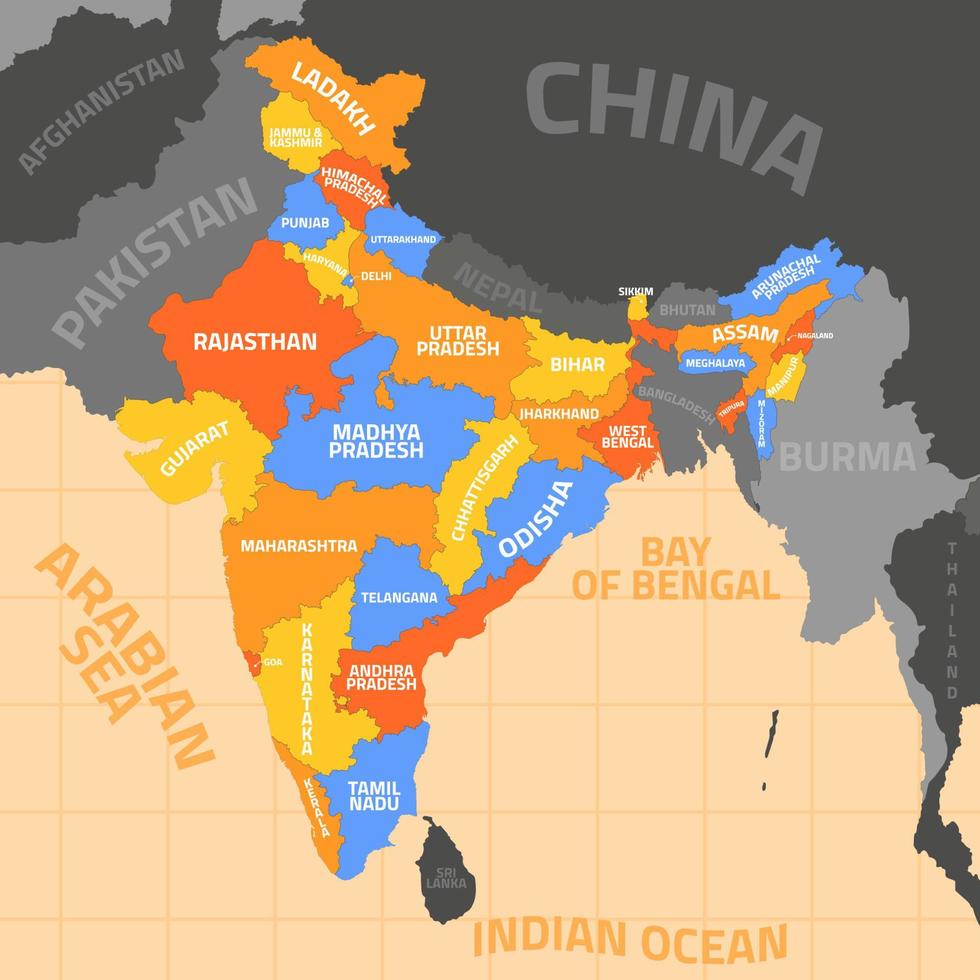 India mapa con región fronteras vector