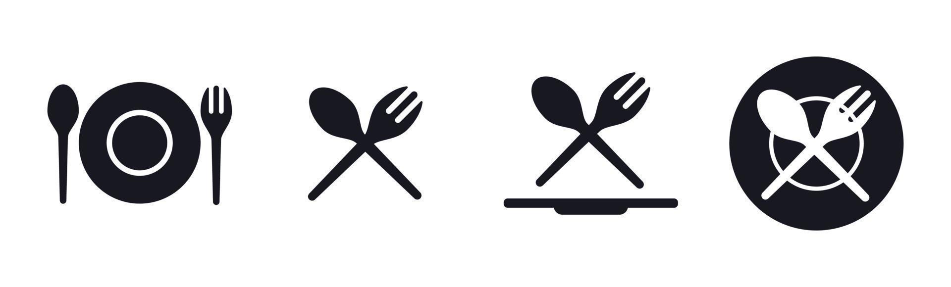 comiendo comida cuchara tenedor plato icono conjunto vector