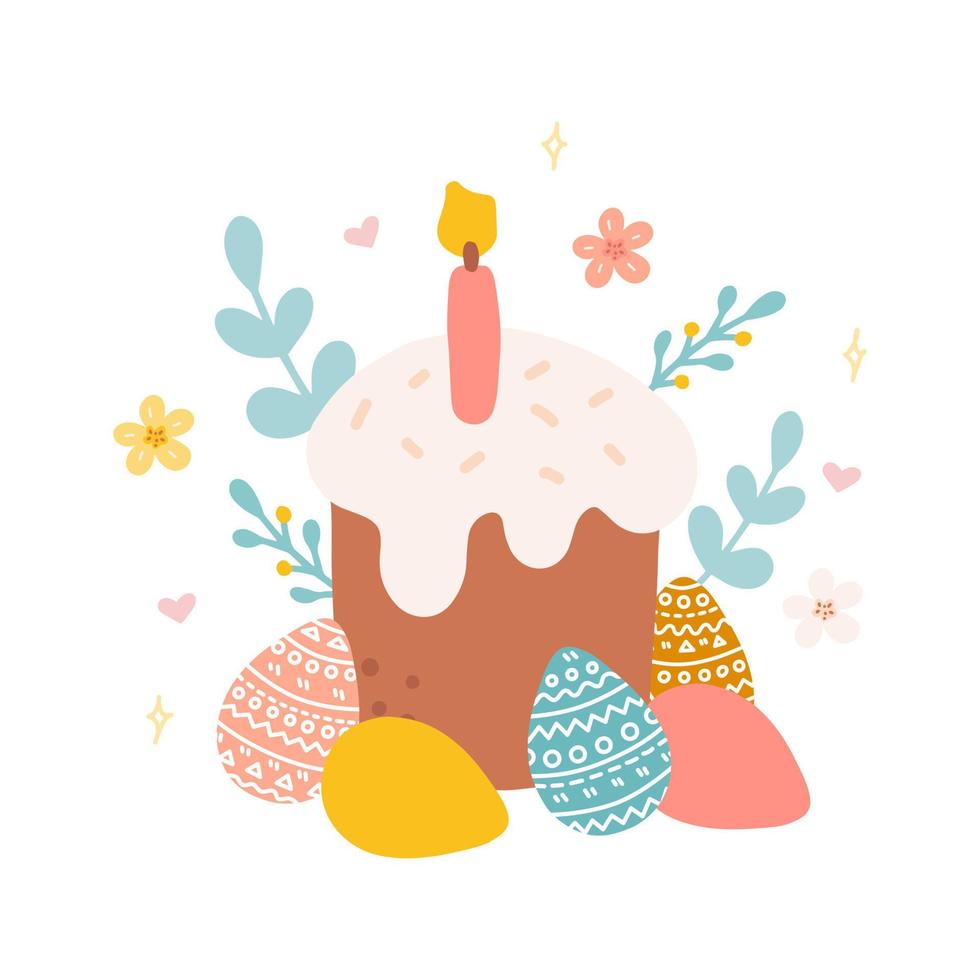 Pascua de Resurrección pastel con velas, vistoso huevos, flores y plantas. vector plano mano dibujado ilustración