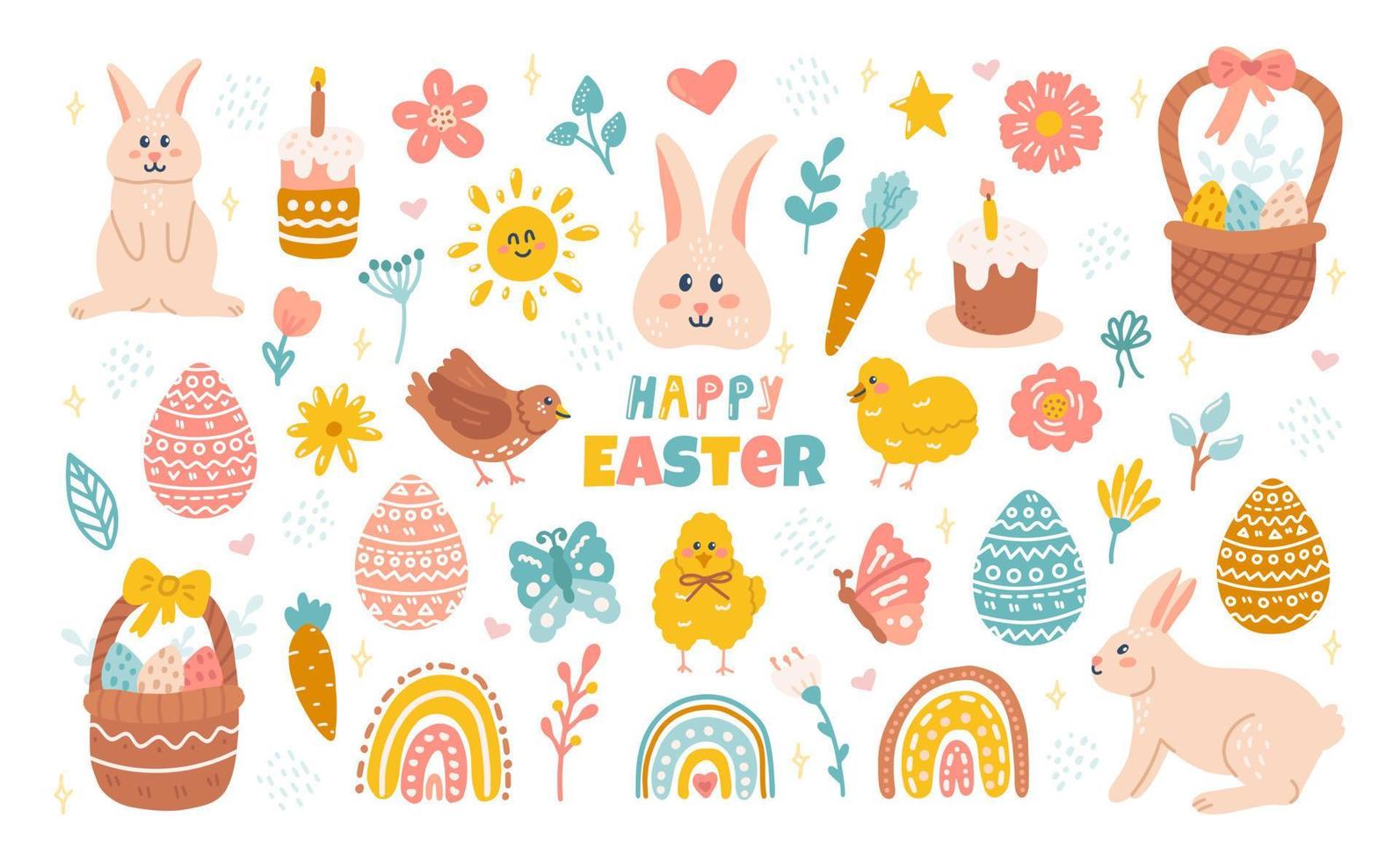 Cute set of Easter design elements with rabbit, eggs, flowers. Vector flat hand drawn illustration is perfect for greeting cards, posters