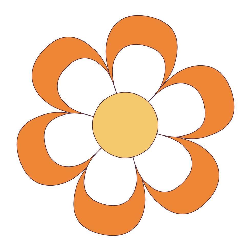 Retro 70s Groovy Hippie sticker daisy flower. Psychedelic cartoon element -funky illustration in vintage hippie style. Vector flat illustration for banner, flyer, invitation, card.