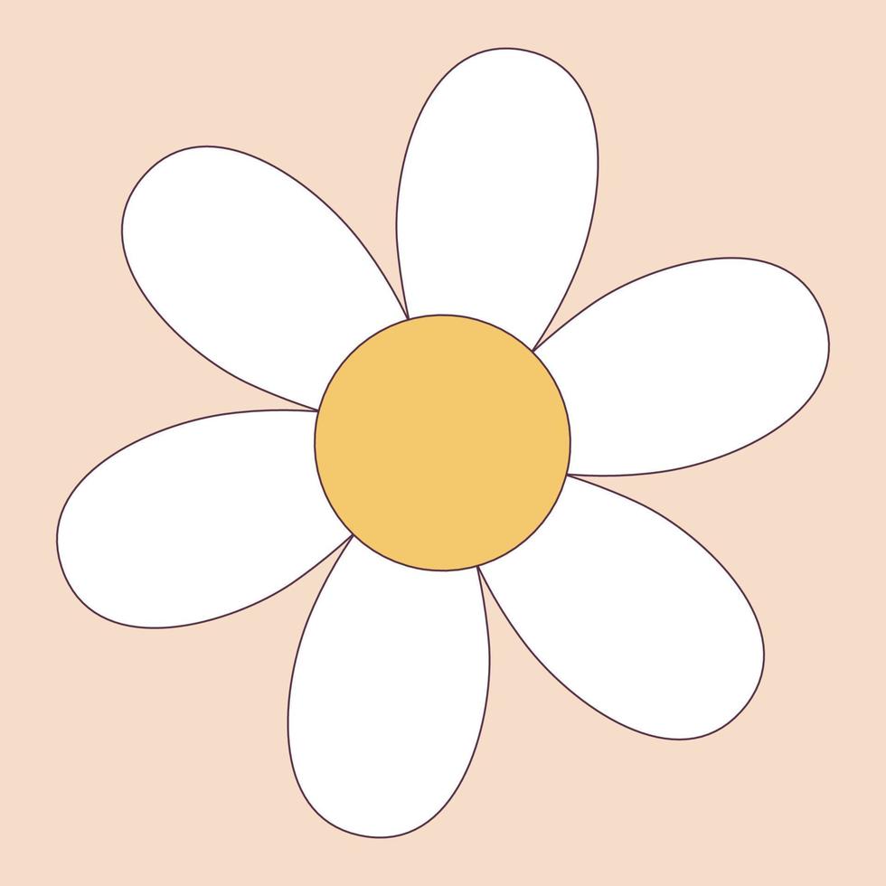 Retro 70s Groovy Hippie sticker daisy flower. Psychedelic cartoon element -funky illustration in vintage hippie style. Vector flat illustration for banner, flyer, invitation, card.