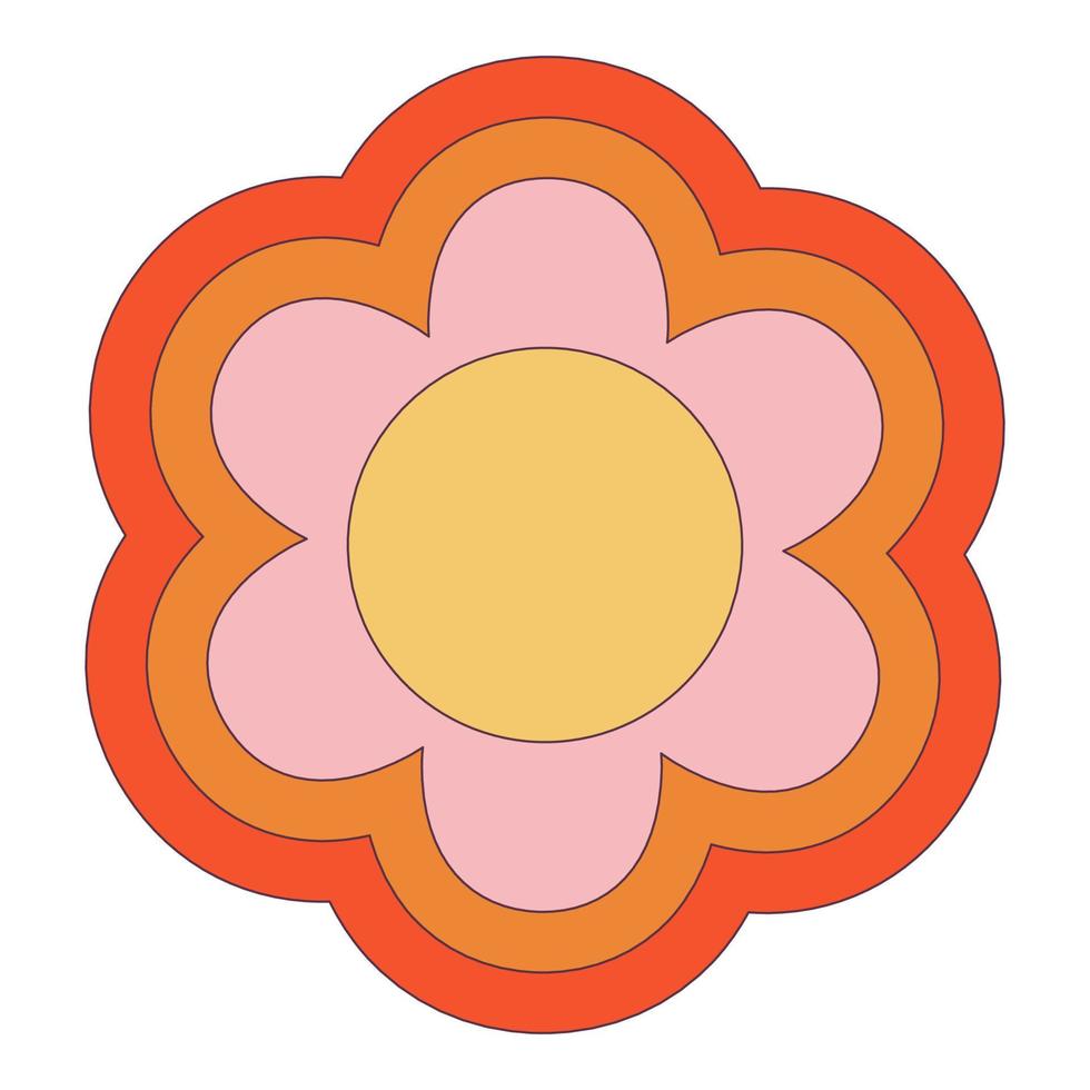 Retro 70s Groovy Hippie sticker daisy flower. Psychedelic cartoon element -funky illustration in vintage hippie  style. Vector flat illustration for banner, flyer, invitation, card.