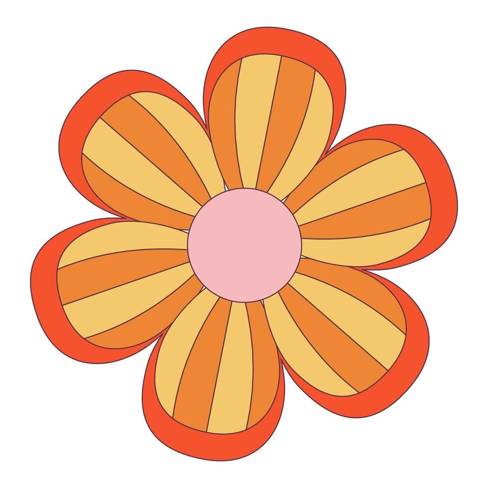 Retro 70s Groovy Hippie sticker daisy flower. Psychedelic cartoon element -funky illustration in vintage hippie style. Vector flat illustration for banner, flyer, invitation, card.