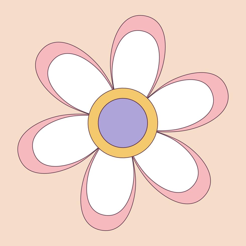 Retro 70s Groovy Hippie sticker daisy flower. Psychedelic cartoon element -funky illustration in vintage hippie style. Vector flat illustration for banner, flyer, invitation, card.