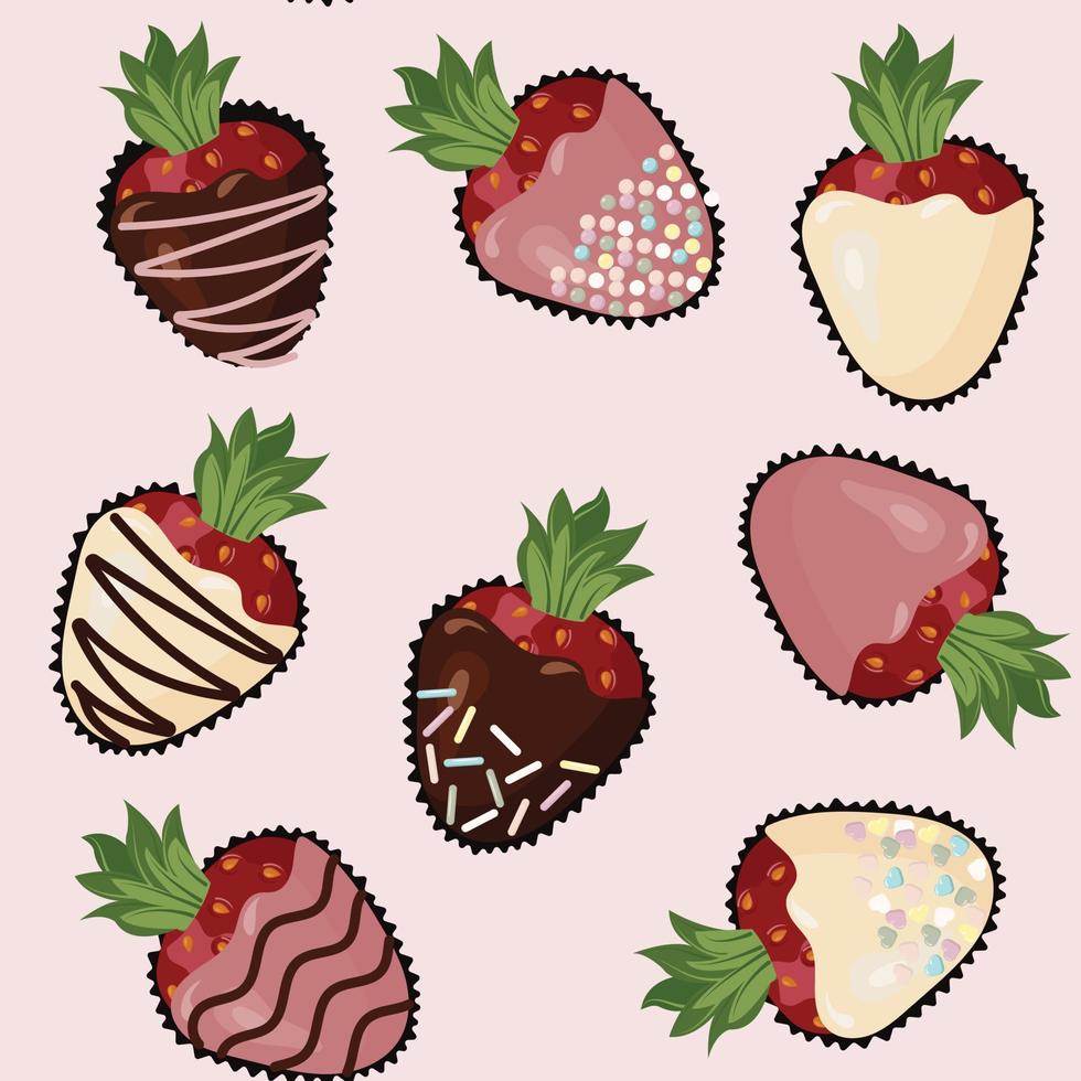 Ripe strawberries in chocolate glaze. fondue dessert. Seamless pattern. Vector illustration.