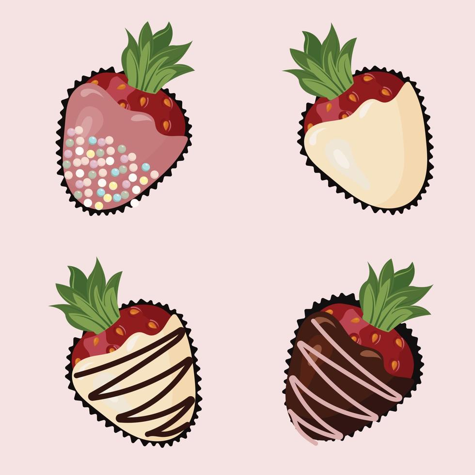 Ripe strawberries in chocolate glaze. fondue dessert. Seamless pattern. Vector illustration.