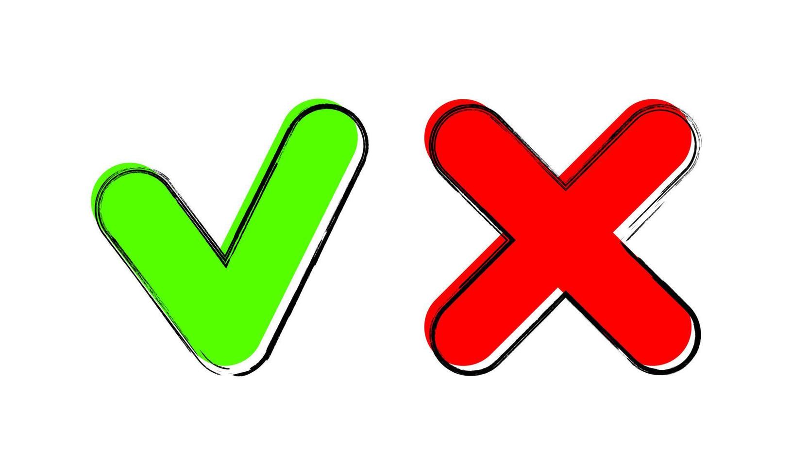Cut out vector check and cross mark icons. Vector isolated illustration. Tick Cross badge set. Tick and cross signs. Green checkmark OK and red X icon. Symbols YES and NO button for vote.