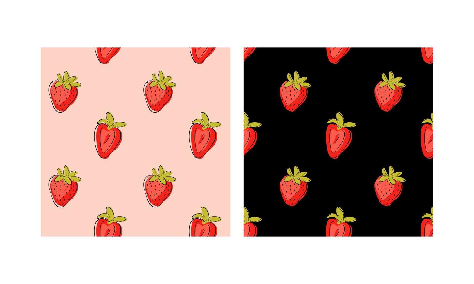 Set of seamless patterns with strawberries. Summer sweet bright berries. Hand drawn food illustration. Berries print. Vector Seamless Pattern. Strawberries Summer Striped Background.