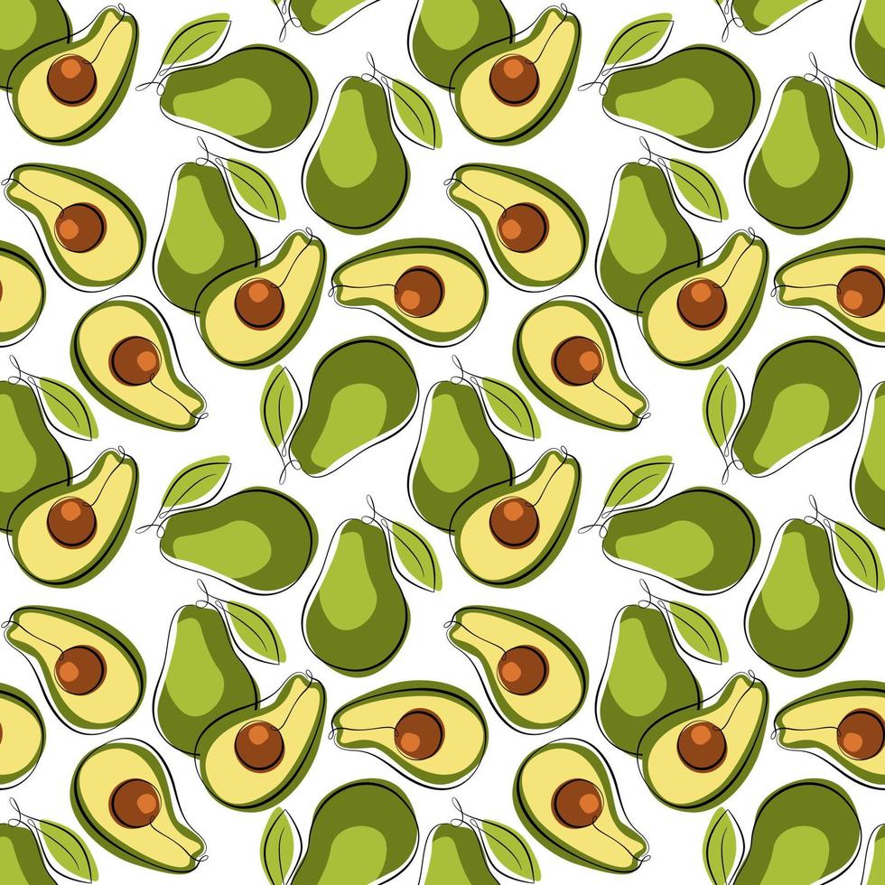 Vector background of avocado fruits outline and colored spots. Avocado or alligator pear mexican fruit background. Guacamole food ingredient.