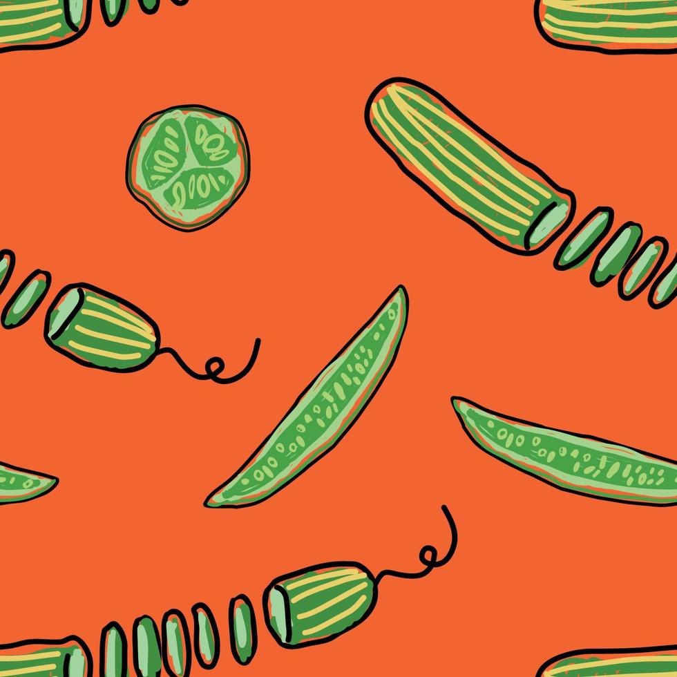 Sliced long striped cucumbers across in circles and lengthwise on an orange background vector