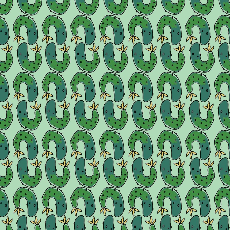 Curved cucumbers are placed hardly on green background, seamless pattern for the design of vegetable products vector