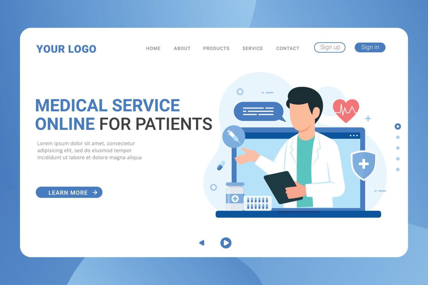 Online medical support doctor consultation landing page template vector