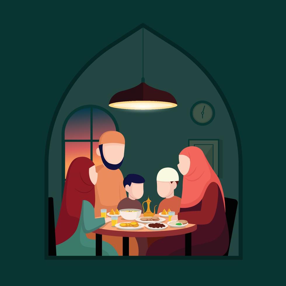 Moslem family iftar enjoying ramadan kareem mubarak together in happiness during fasting with meal vector