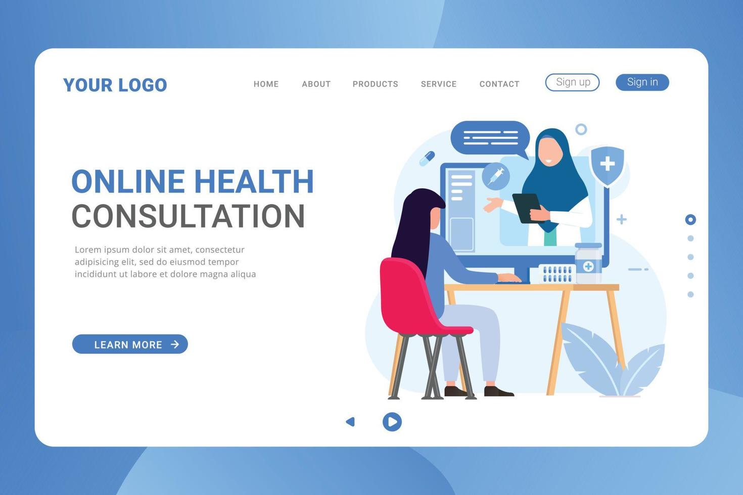 Online medical support doctor consultation landing page template vector