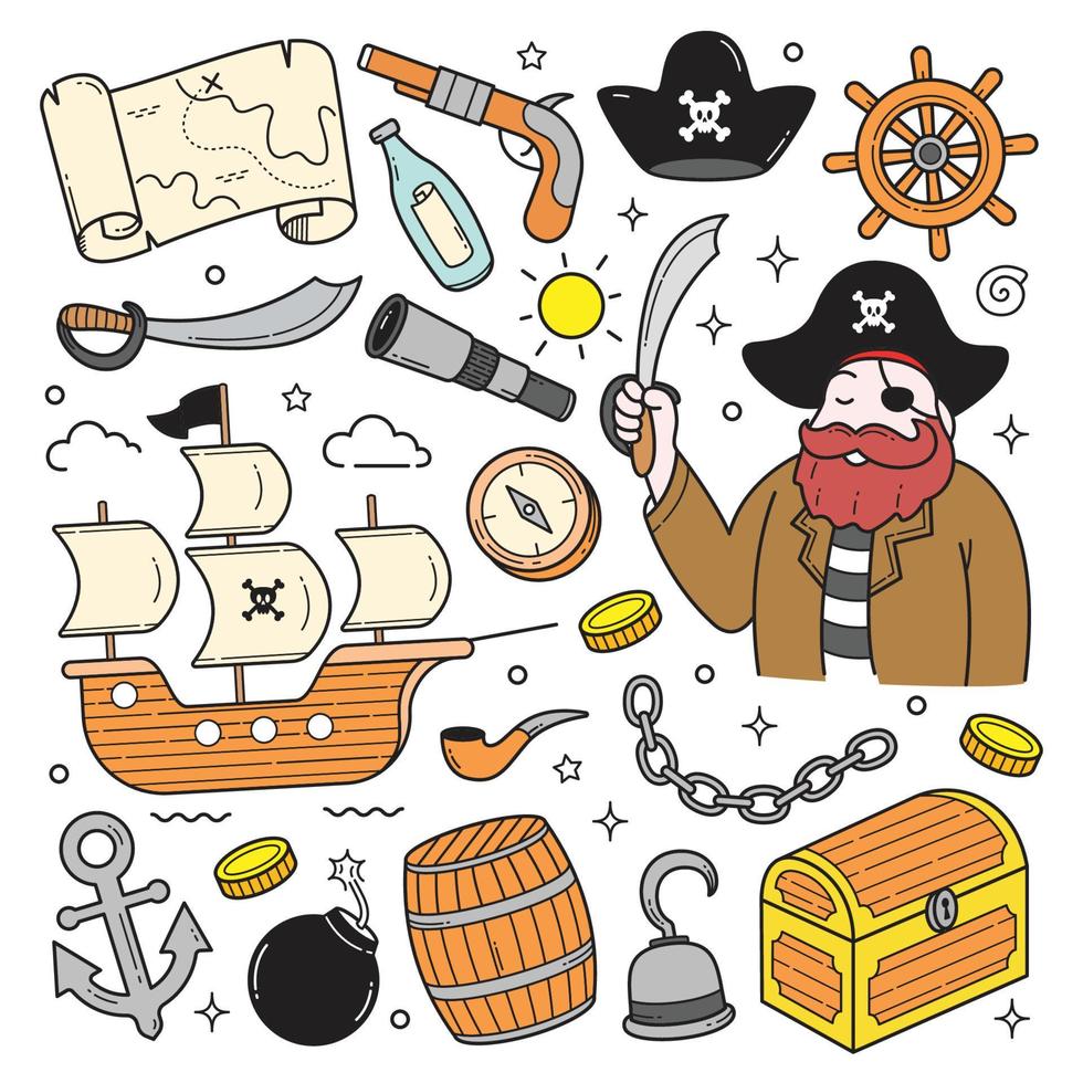 conjunto de piratas garabatear mano dibujado objetos vector ilustración