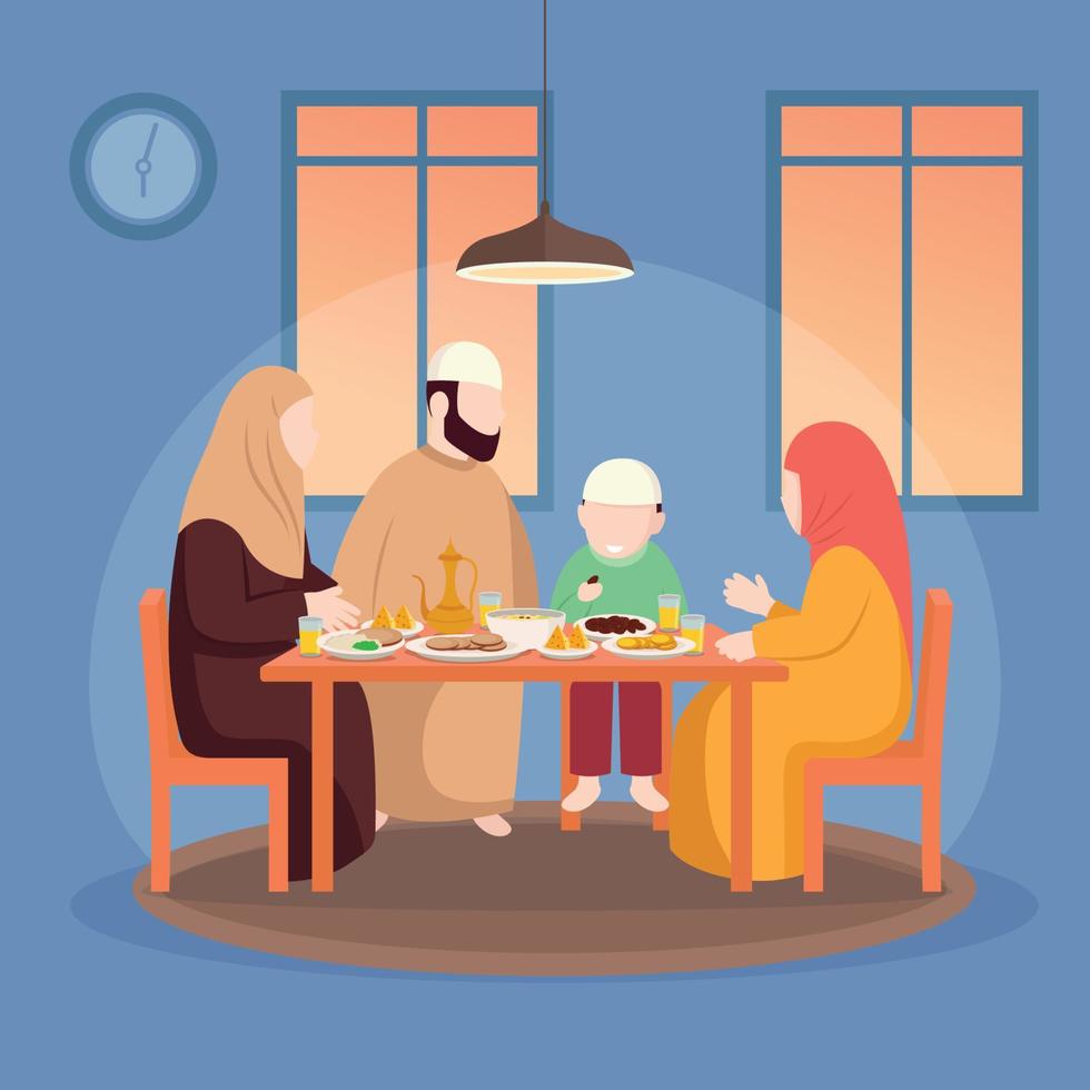 Moslem family iftar enjoying ramadan kareem mubarak together in happiness during fasting with meal vector