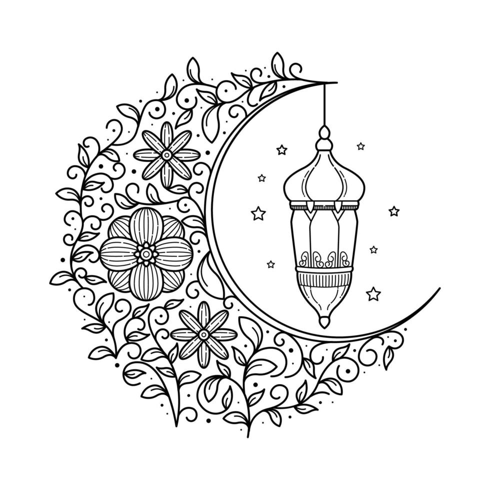 Crescent floral ornamental with lantern doodle hand drawn great for ramadan kareem greeting card vector