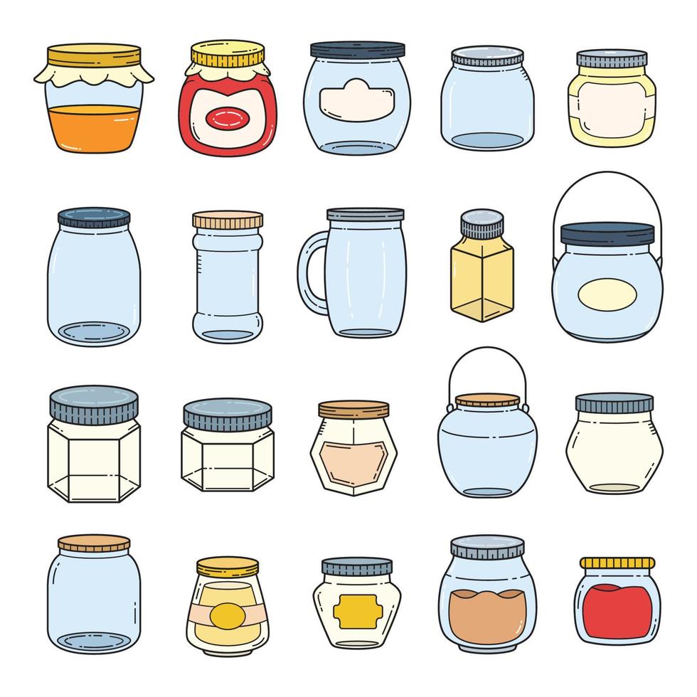 Set of vector outline doodle hand drawn jars and containers for food isolated