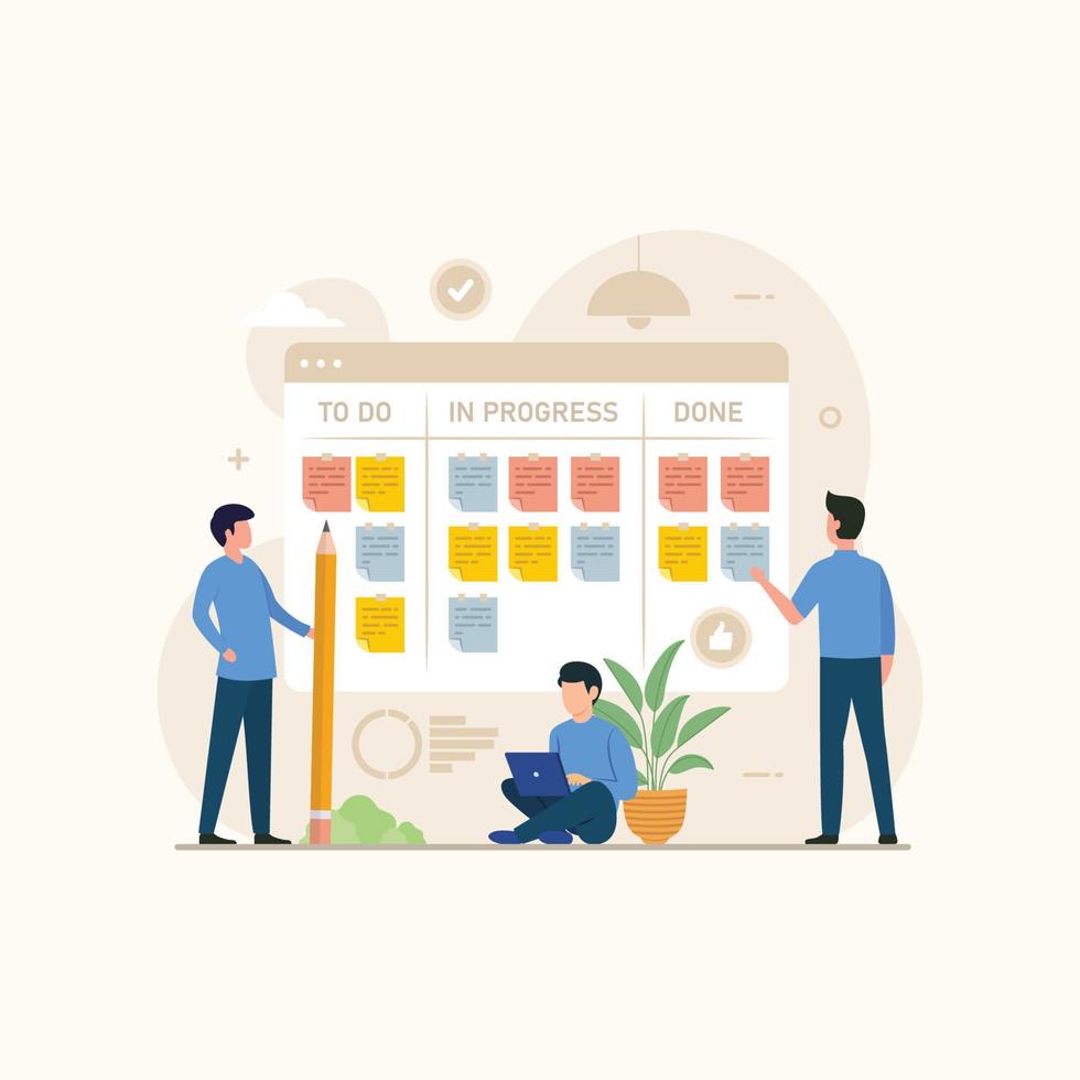 Business people review project progress on kanban board vector illustration