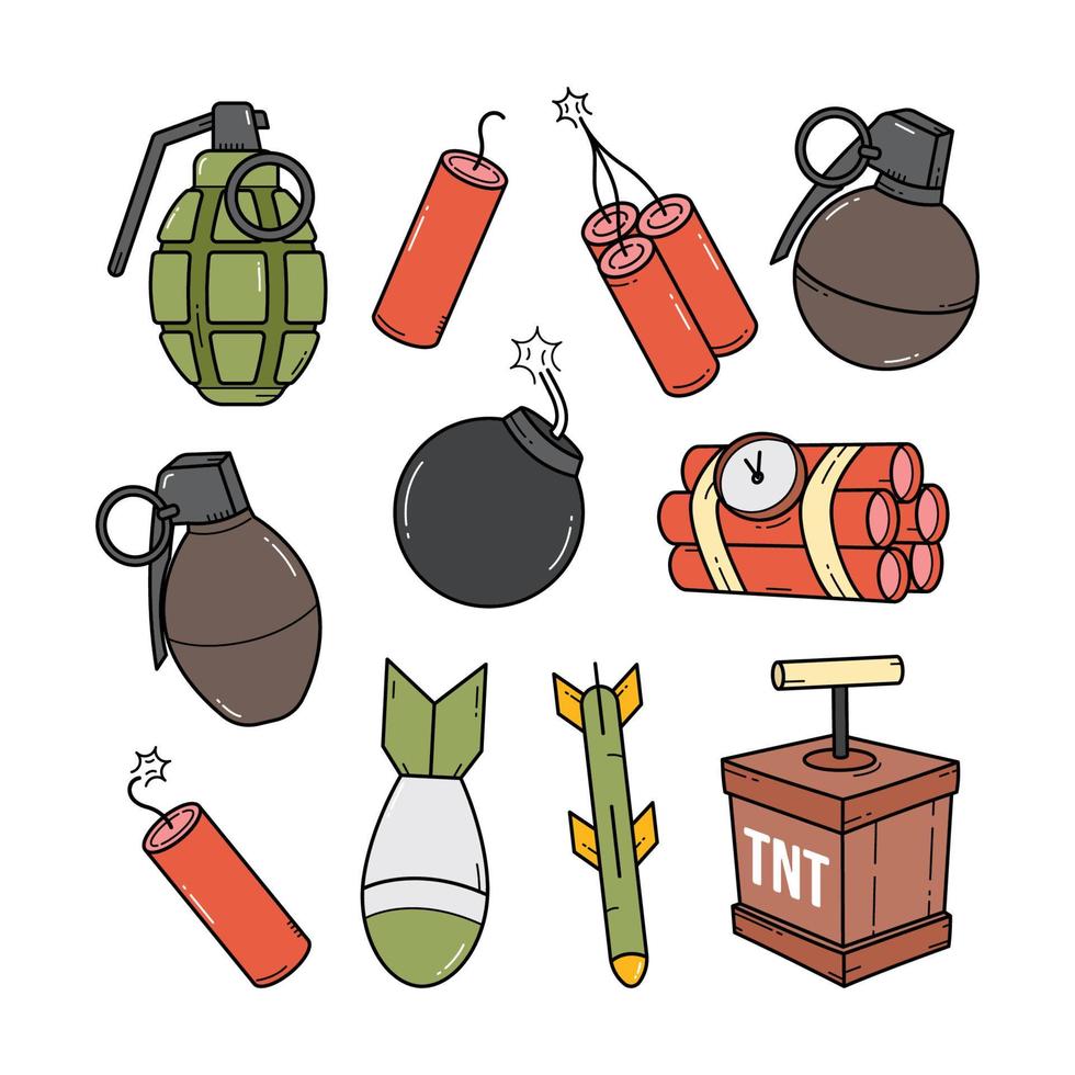 Outline doodle bomb and grenade objects sketch hand drawn vector graphic