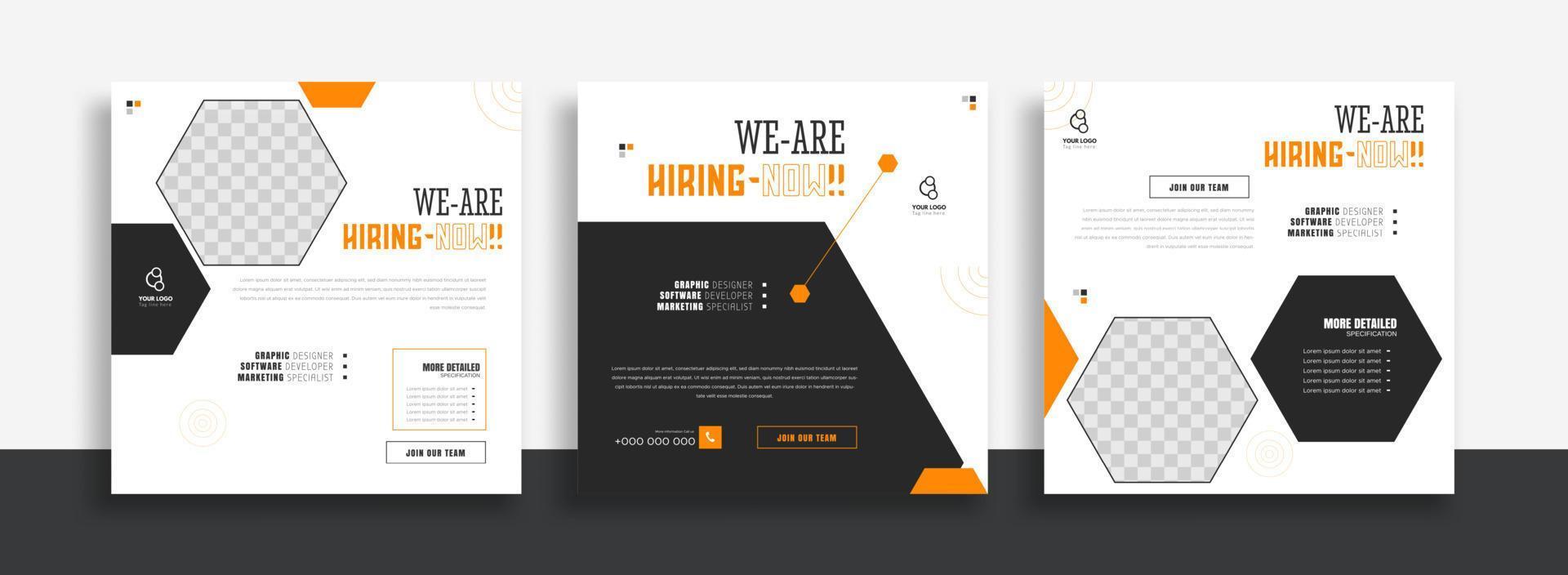 nosotros son contratación trabajo vacante social medios de comunicación enviar bandera diseño modelo con naranja y blanco color. nosotros son contratación trabajo vacante cuadrado web bandera diseño. vector