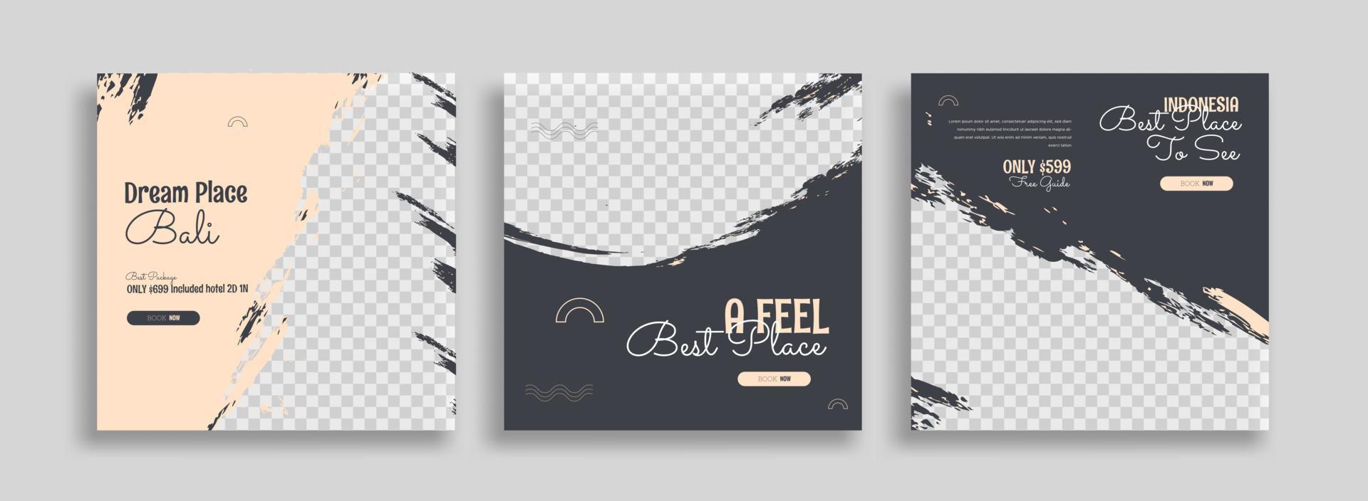 Traveling Bali social media post banner design template with yellow color. travel square web banner design vector