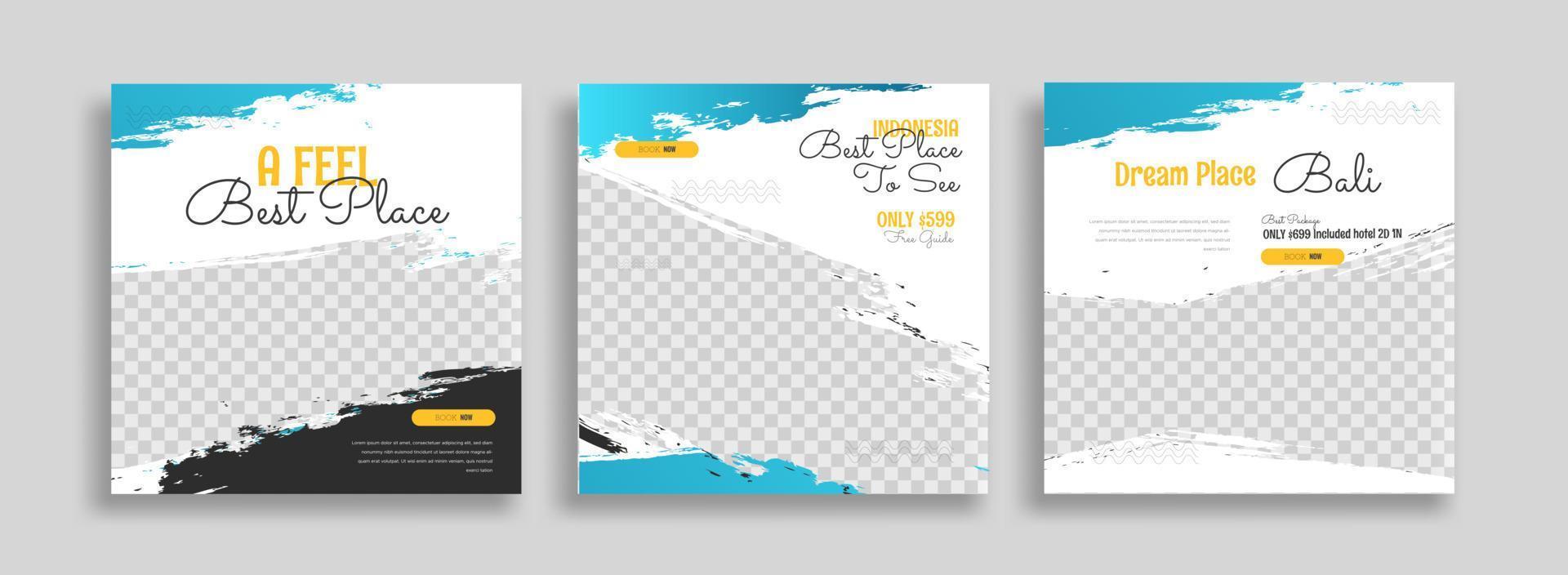 Traveling Bali social media post banner design template with yellow color. travel square web banner design vector