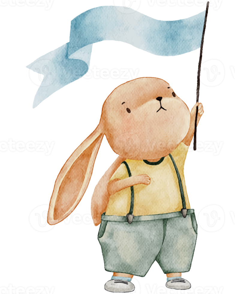 Cute Rabbit holding flag,Cartoon Watercolour hand paint Bunny,Hare character element for Easter greeting card,Spring,Summer poster, illustration portrait animal png