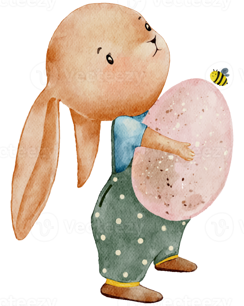 schattig konijn Holding Pasen ei, tekenfilm waterverf hand- verf konijn, haas karakter element voor Pasen groet kaart, lente, zomer poster, illustratie portret dier png