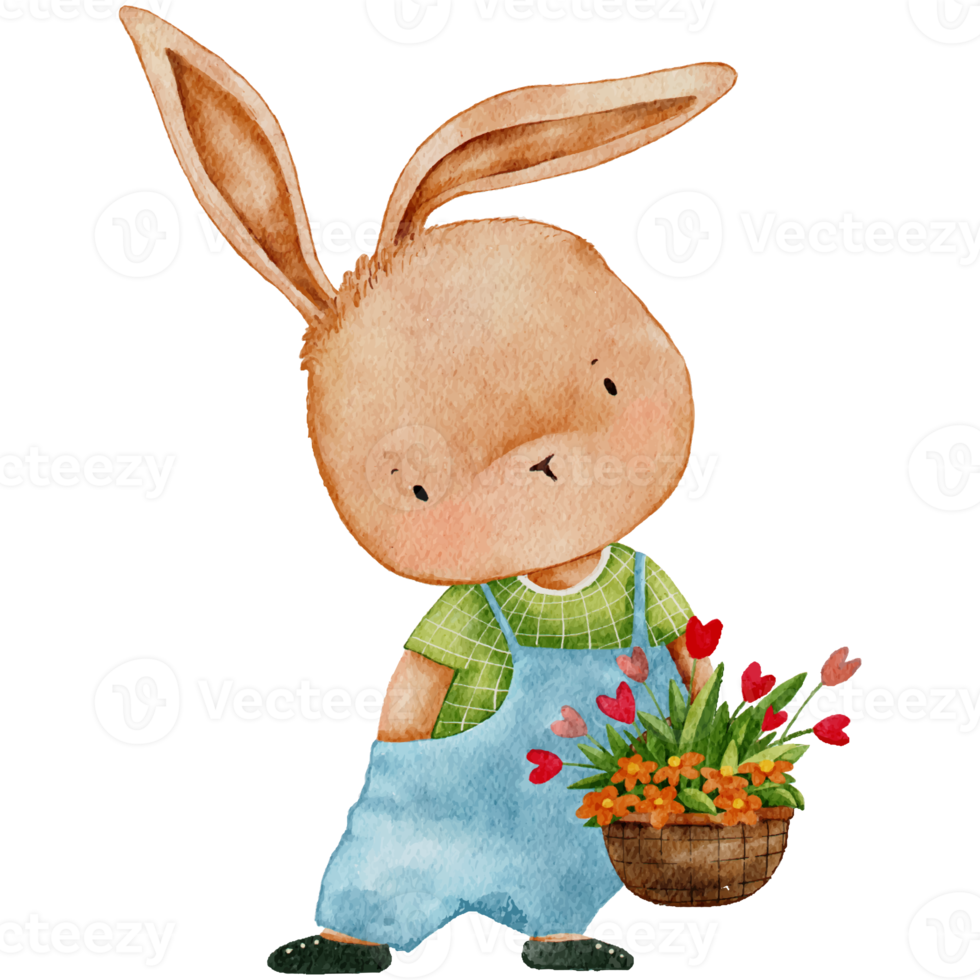 Cute Rabbit holding flower,Cartoon Watercolour hand paint funny Bunny,Hare character element for Easter greeting card,Spring,Summer poster, illustration portrait animal png