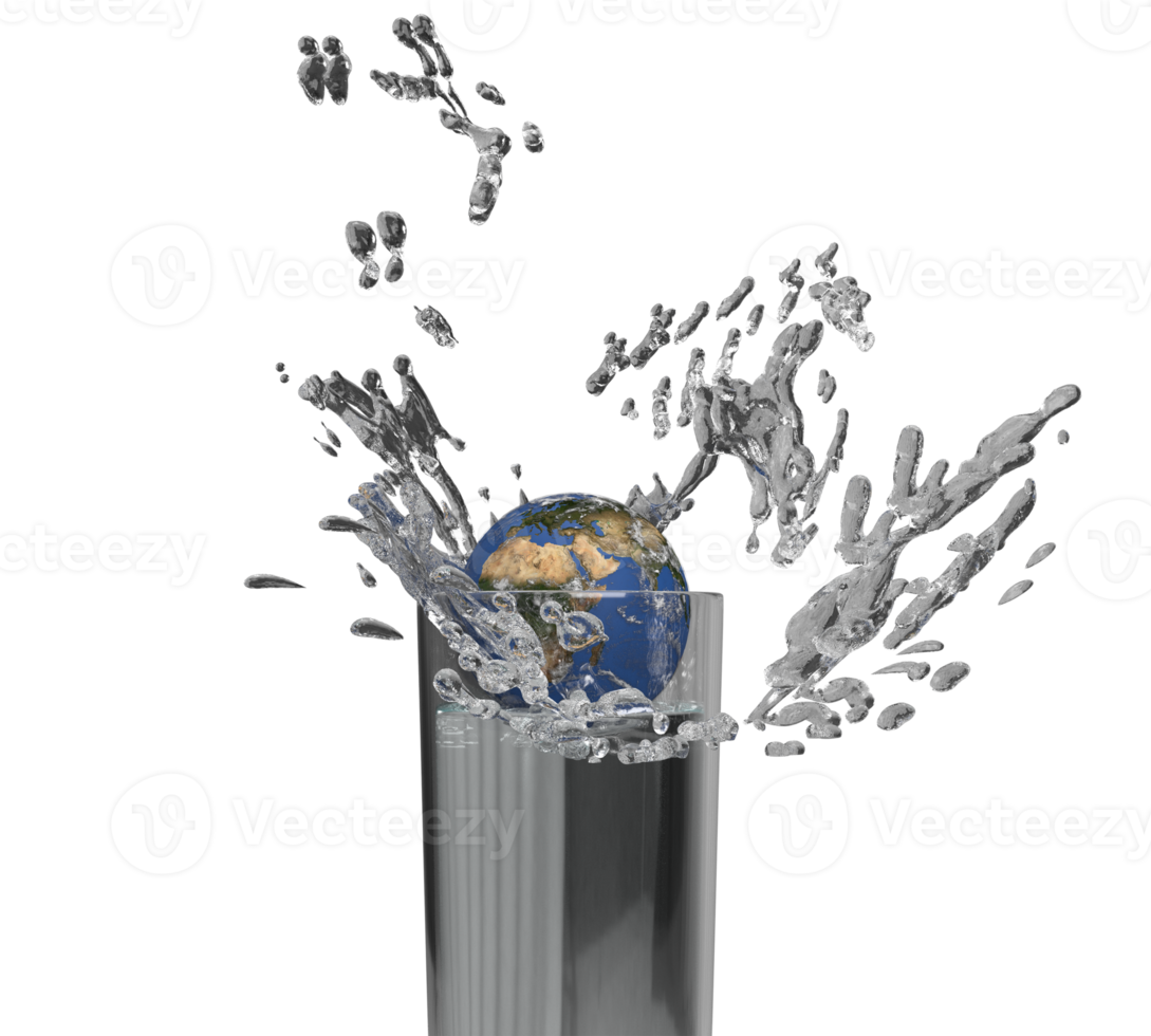 vatten stänk i glas dryck jord värld global planet sfär Karta blå grön Färg vit isolerat bakgrund kopia Plats spara jord Lycklig värld hälsa vård dag naturlig miljö ekologi.3d framställa png