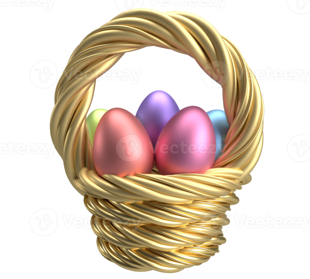 Nest basket golden yellow orange gradient color egg red pink pink blue green colorful symbol decoration happy easter egg april month spring season time  rabbit animal wild collection set.3d render png