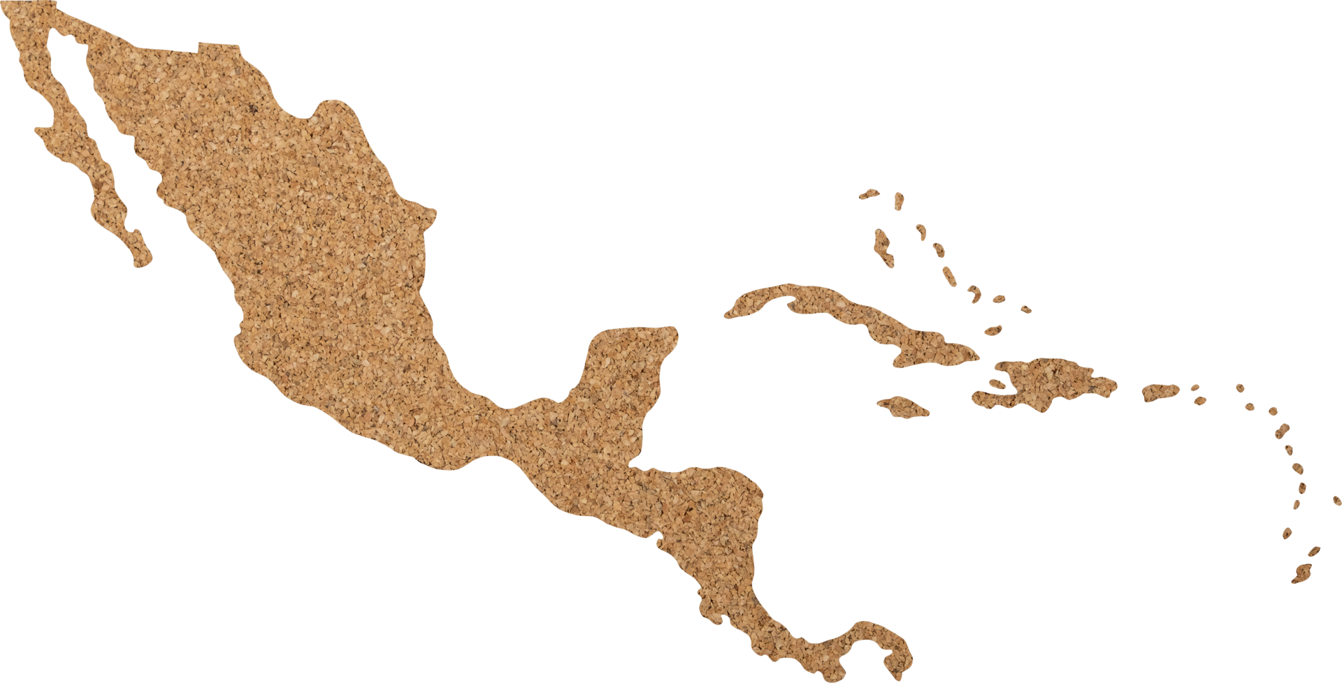 Central America map cork wood texture cut out on transparent background. png