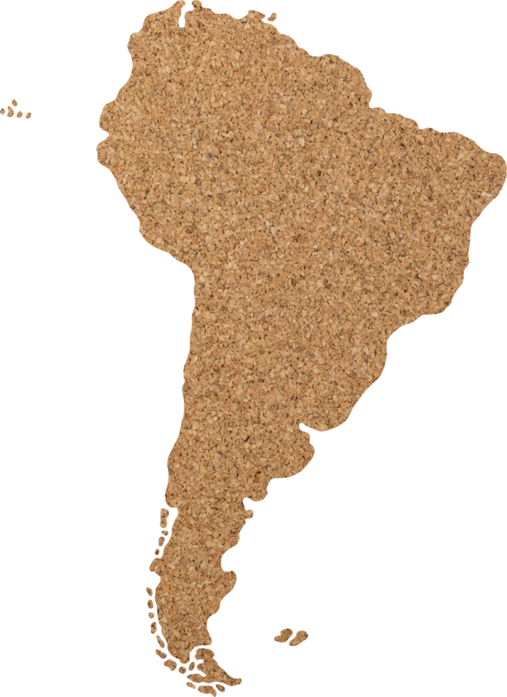 South America map cork wood texture cut out on transparent background. png