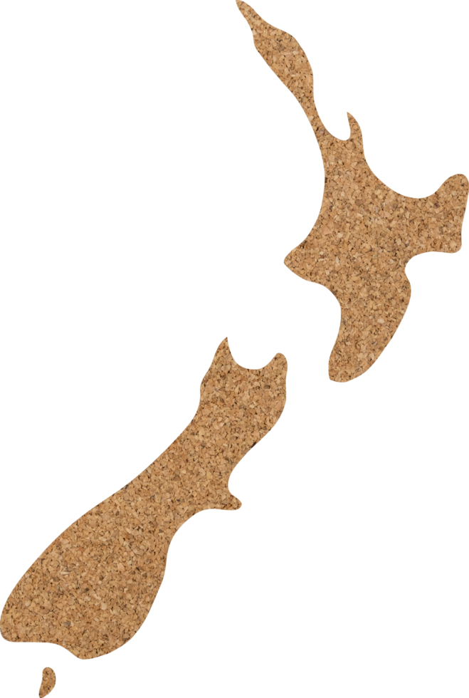 New Zealand map cork wood texture cut out on transparent background. png