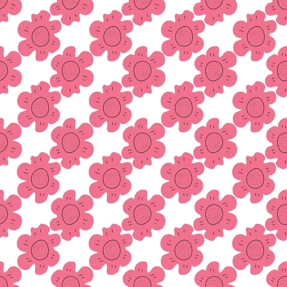 Floral seamless vector pattern with flowers. Spring flora. Simple hand-drawn kids style. Pretty ditsy for fabric, textile, wallpaper. Digital paper in white background