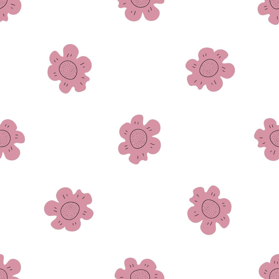 Floral seamless vector pattern with flowers. Spring flora. Simple hand-drawn kids style. Pretty ditsy for fabric, textile, wallpaper. Digital paper in white background