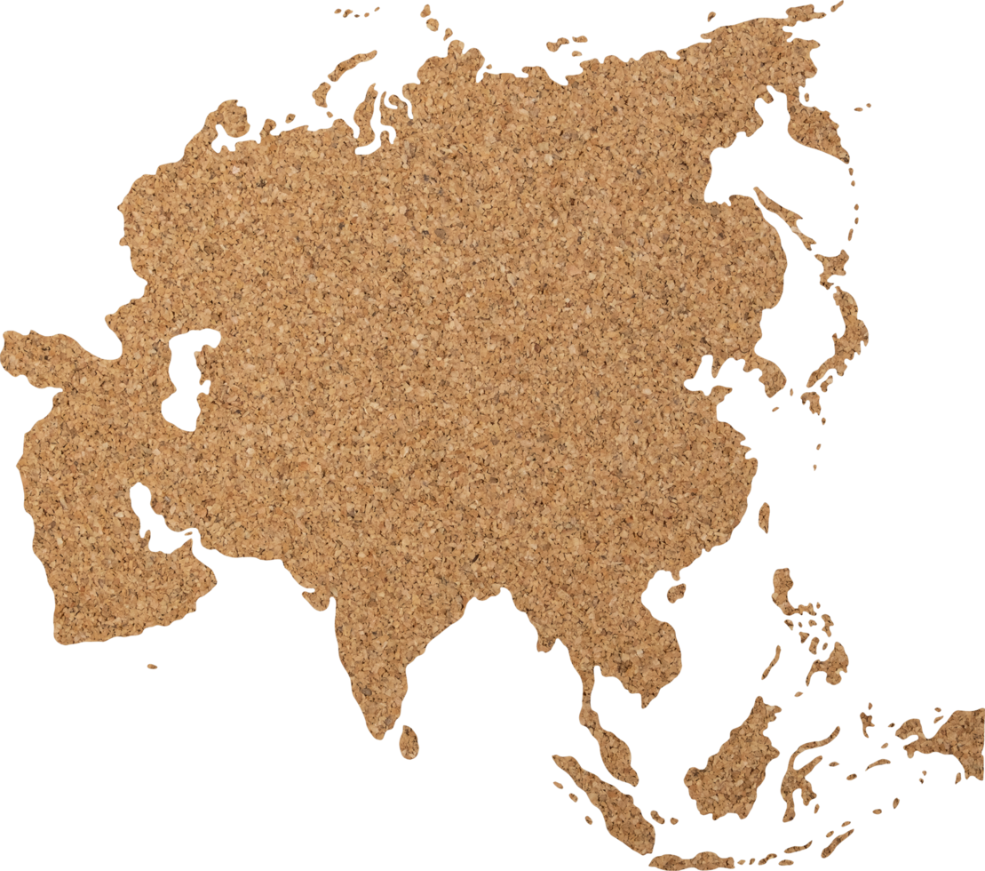 Asia map cork wood texture cut out on transparent background. png