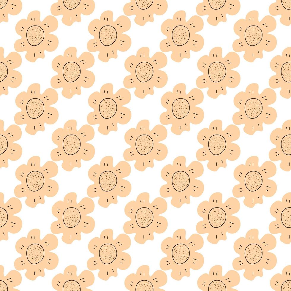 Floral seamless vector pattern with flowers. Spring flora. Simple hand-drawn kids style. Pretty ditsy for fabric, textile, wallpaper. Digital paper in white background