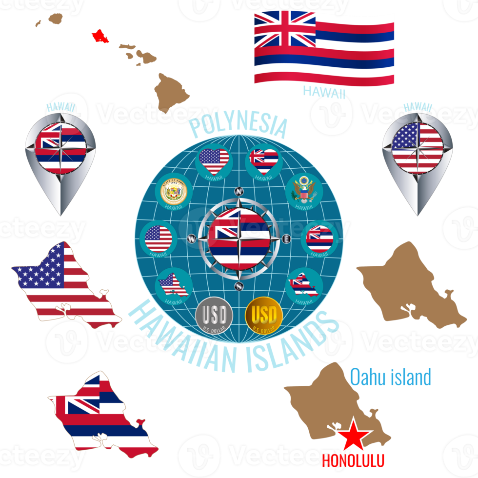 Set of  illustrations of flag, outline map, money, icons of Hawaii. Travel concept. png