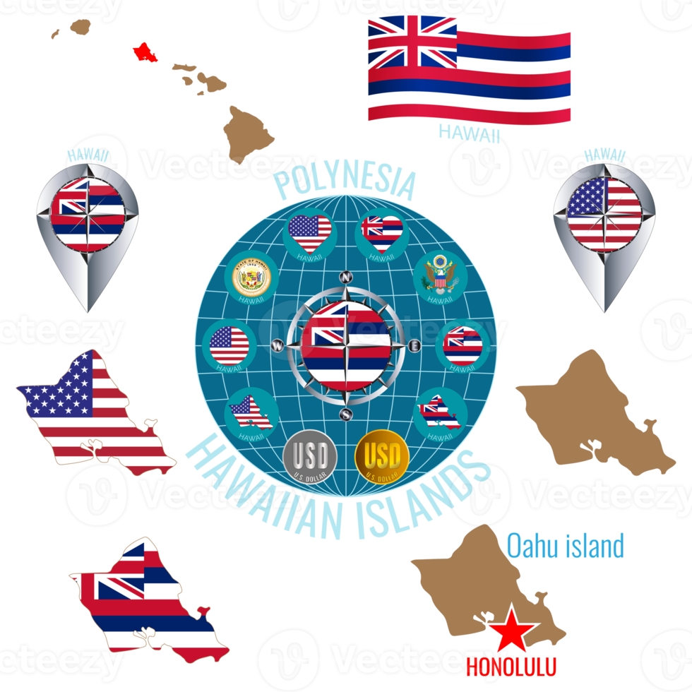 reeks van illustraties van vlag, schets kaart, geld, pictogrammen van Hawaii. reizen concept. png