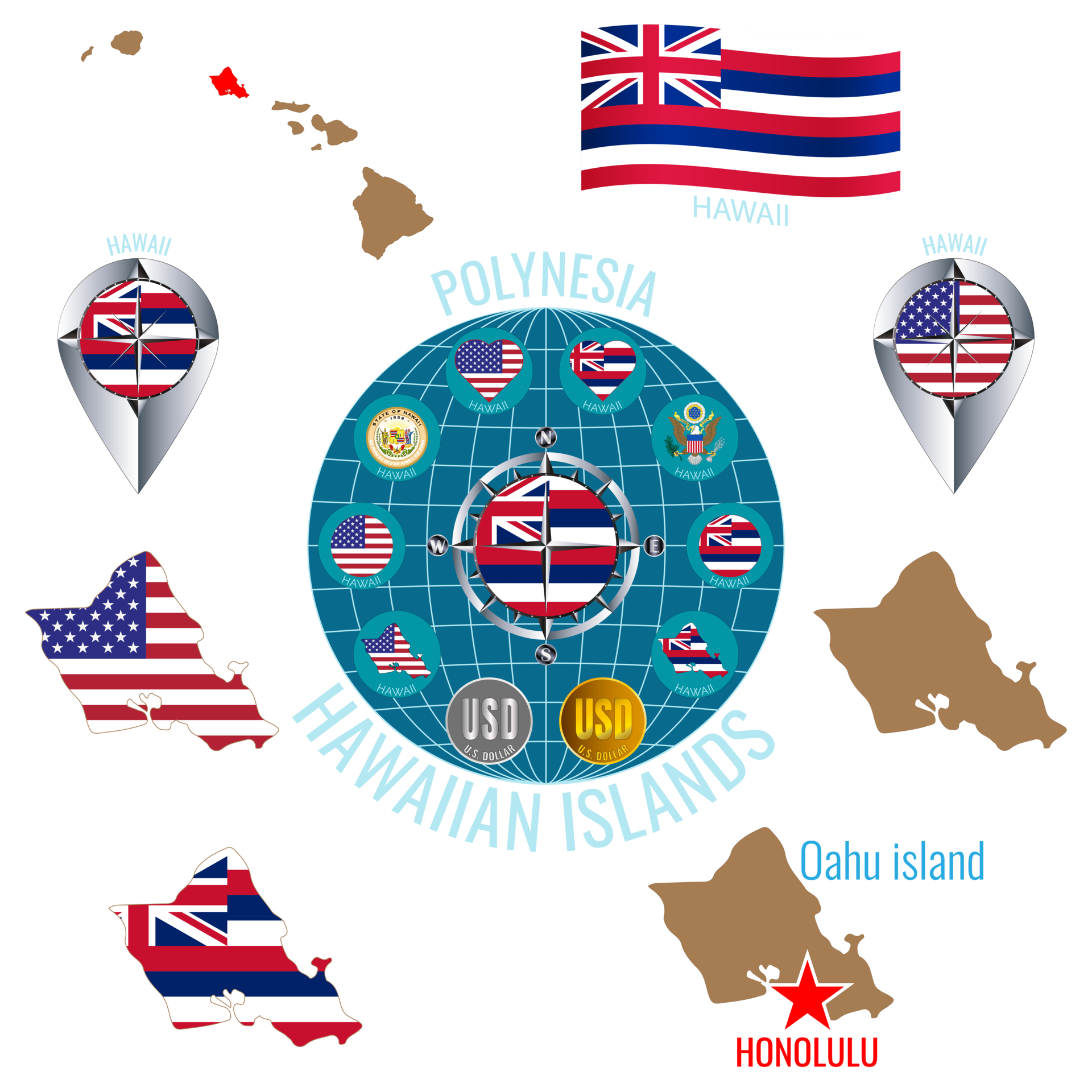 set-of-illustrations-of-flag-outline-map-money-icons-of-hawaii
