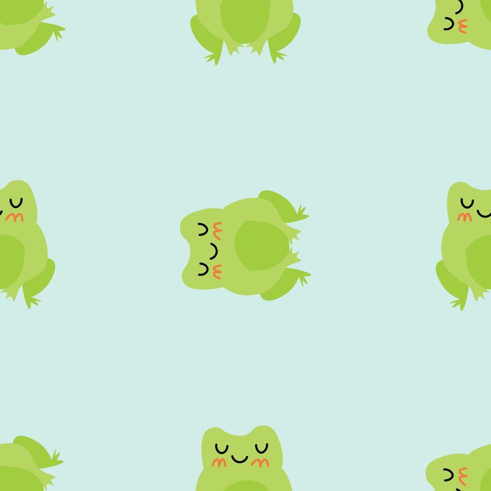 frogs with pink cheeks. Enamored green toads. Vector animal characters seamless pattern of amphibian toad drawing.Childish design for baby clothes, bedding, textiles, print, wallpaper.