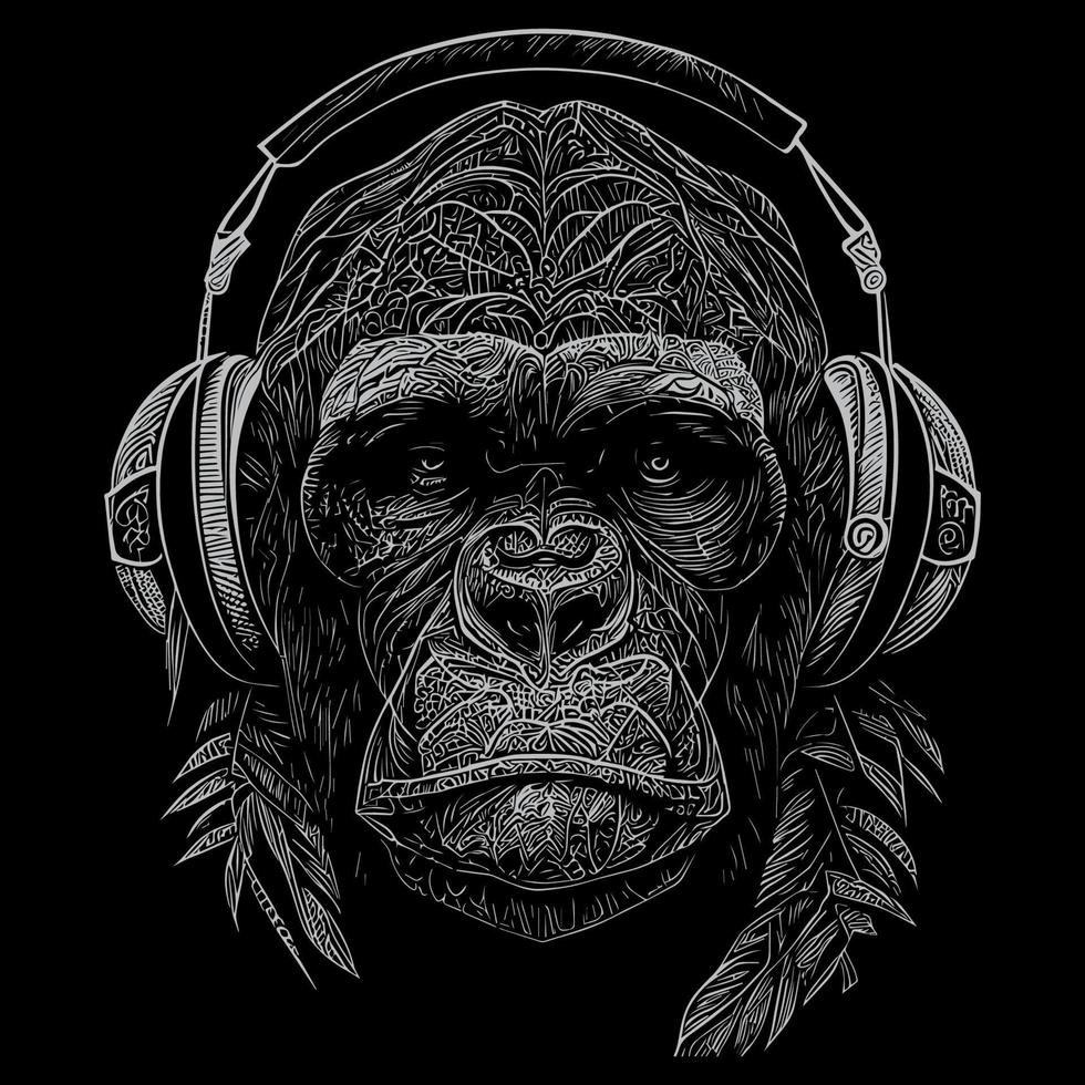 A gorilla wearing headphones is lost in a world of music, nodding its head to the beat. Despite its imposing size, the gorilla looks peaceful vector