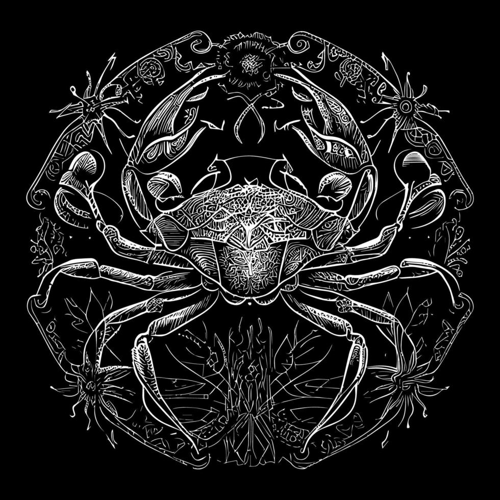 Crab illustrations depict a crustacean with a hard exoskeleton, sharp claws, and distinctive sideways scuttle. They're often used in designs related to seafood, marine life, or zodiac signs vector