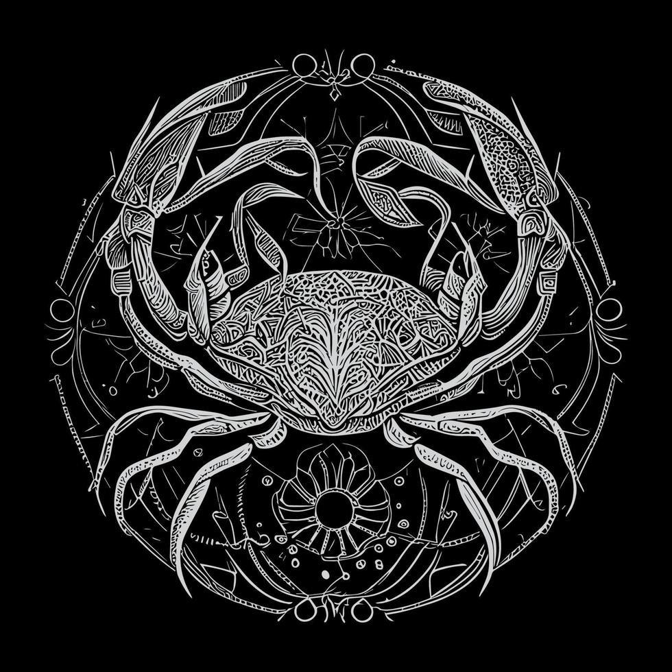 Crab illustrations depict a crustacean with a hard exoskeleton, sharp claws, and distinctive sideways scuttle. They're often used in designs related to seafood, marine life, or zodiac signs vector